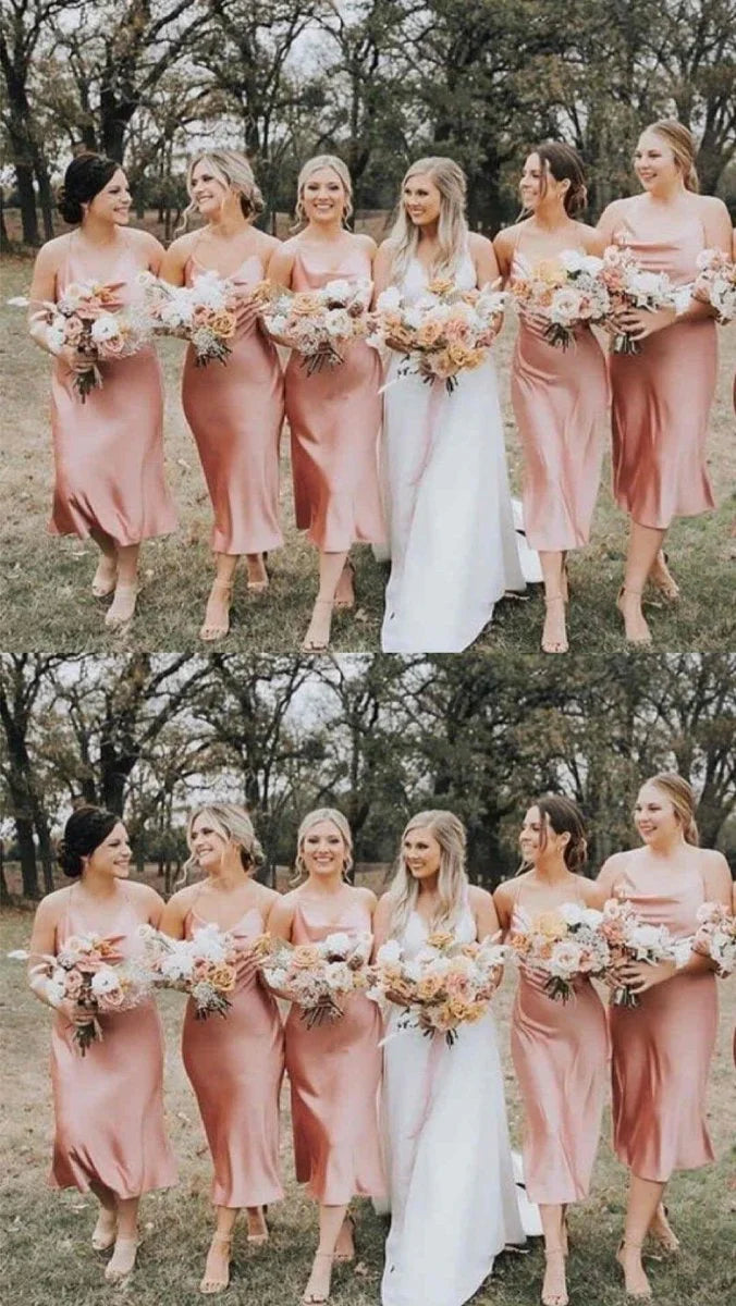 Spaghetti Straps Cowl Neck Tea Length Champagne Sheath Bridesmaid Dress
