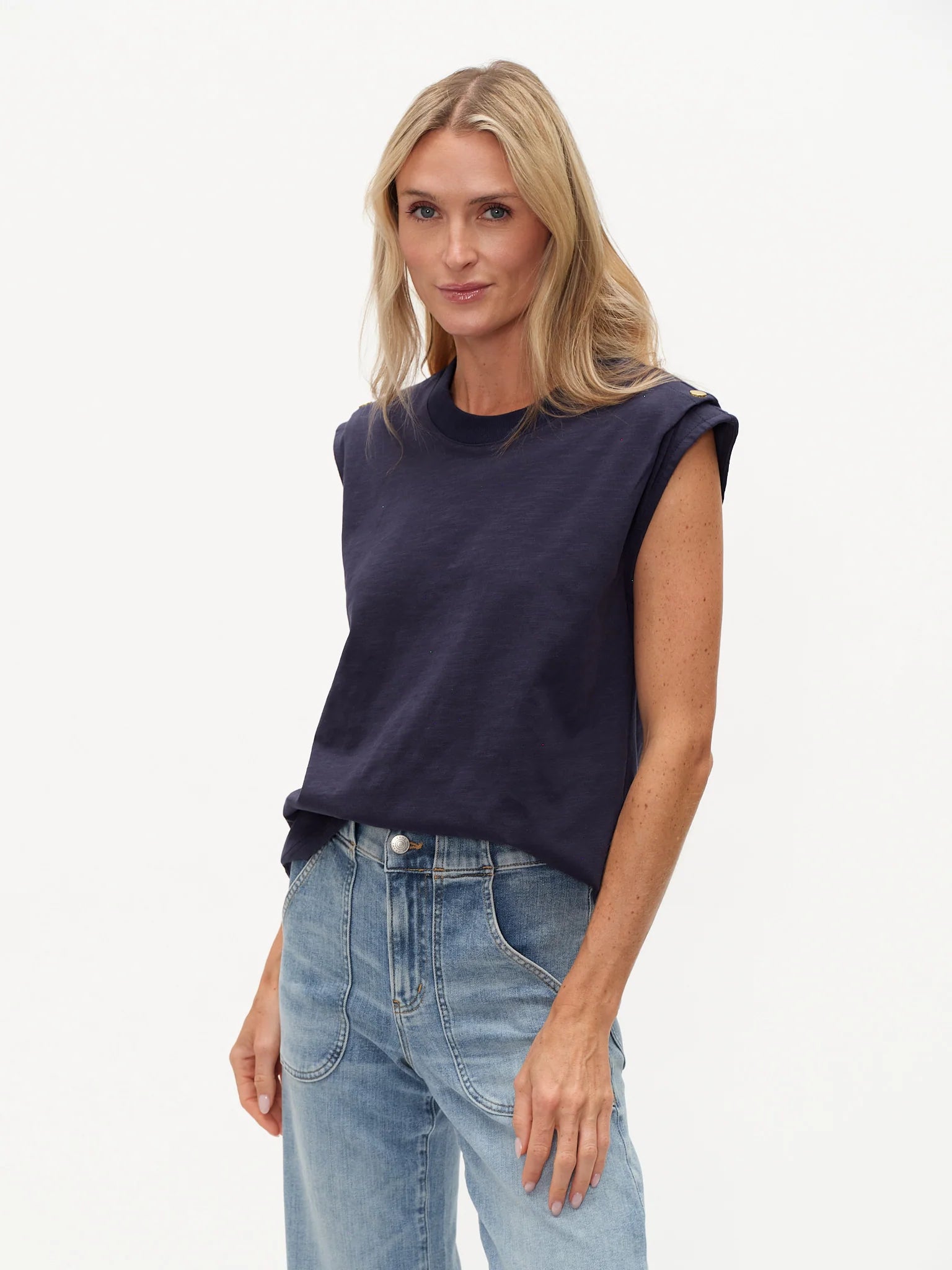 Abby Shoulder Button Tank Navy