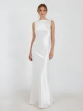Sheath High Bateau Neck Backless Silk Satin Wedding Dress