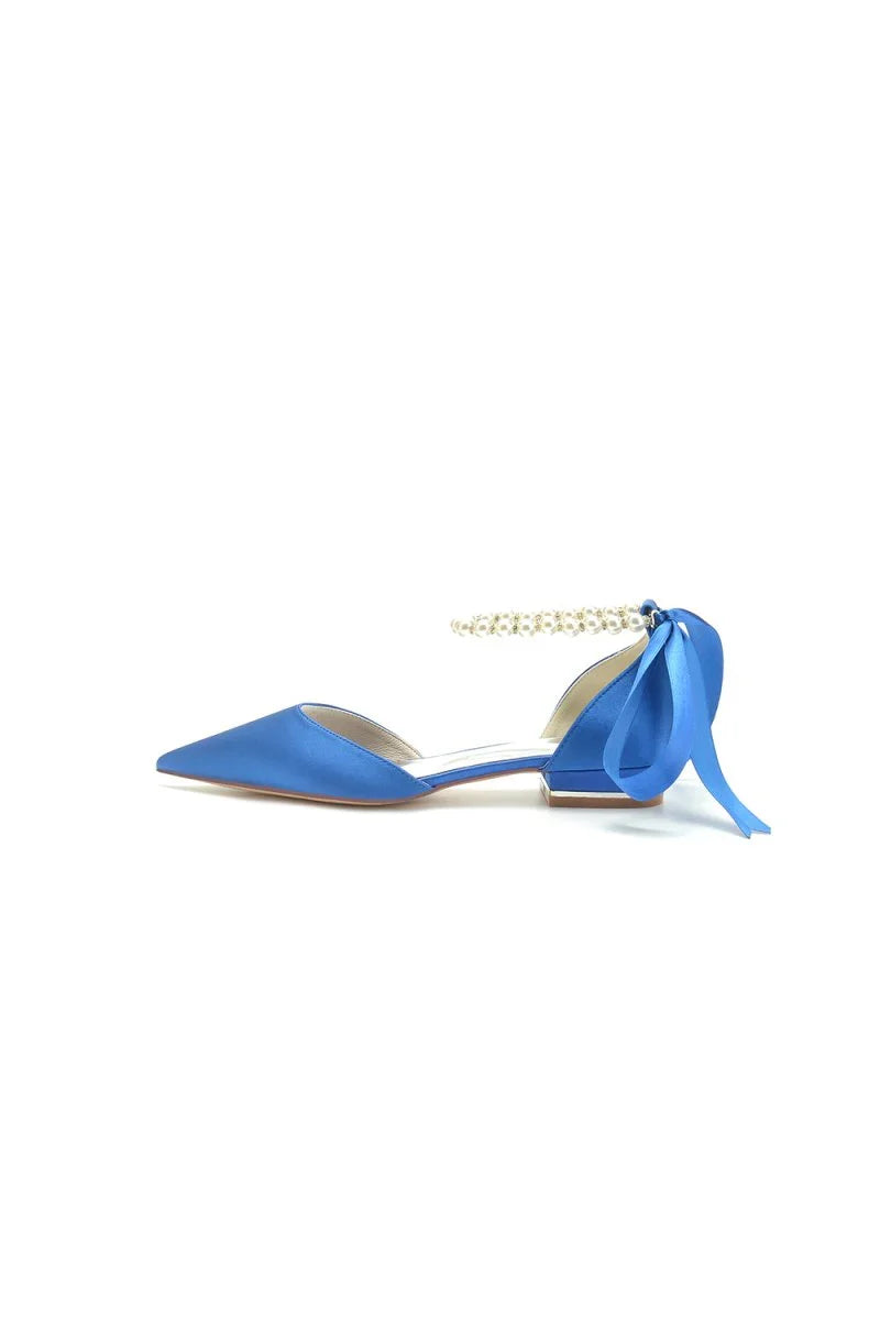 Pearl Ribbon Pointed Toe Ankle Strap Kitten Heels