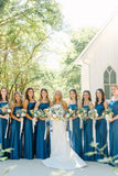 Simple Mermaid Spaghetti Straps Blue Long Bridesmaid Dresses with Bow Back