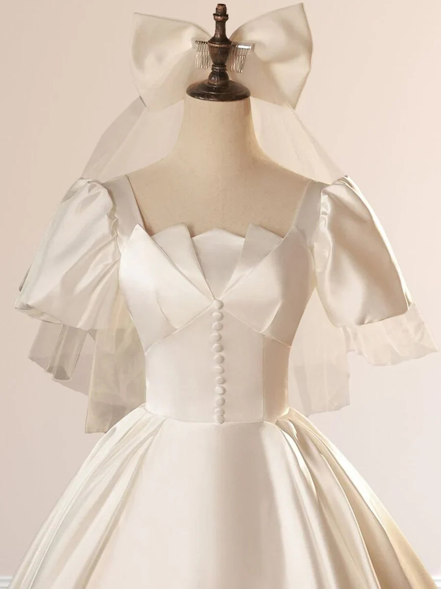 White Satin Square Neck Short Sleeve Lace Up Wedding Dress
