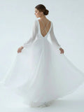 A Line Illusion Neck Long Sleeves Sweep Train Organza Wedding Dresses