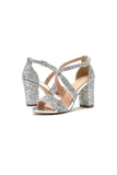 Silver Sequined Cross Straps Open Toe Chunky Heels