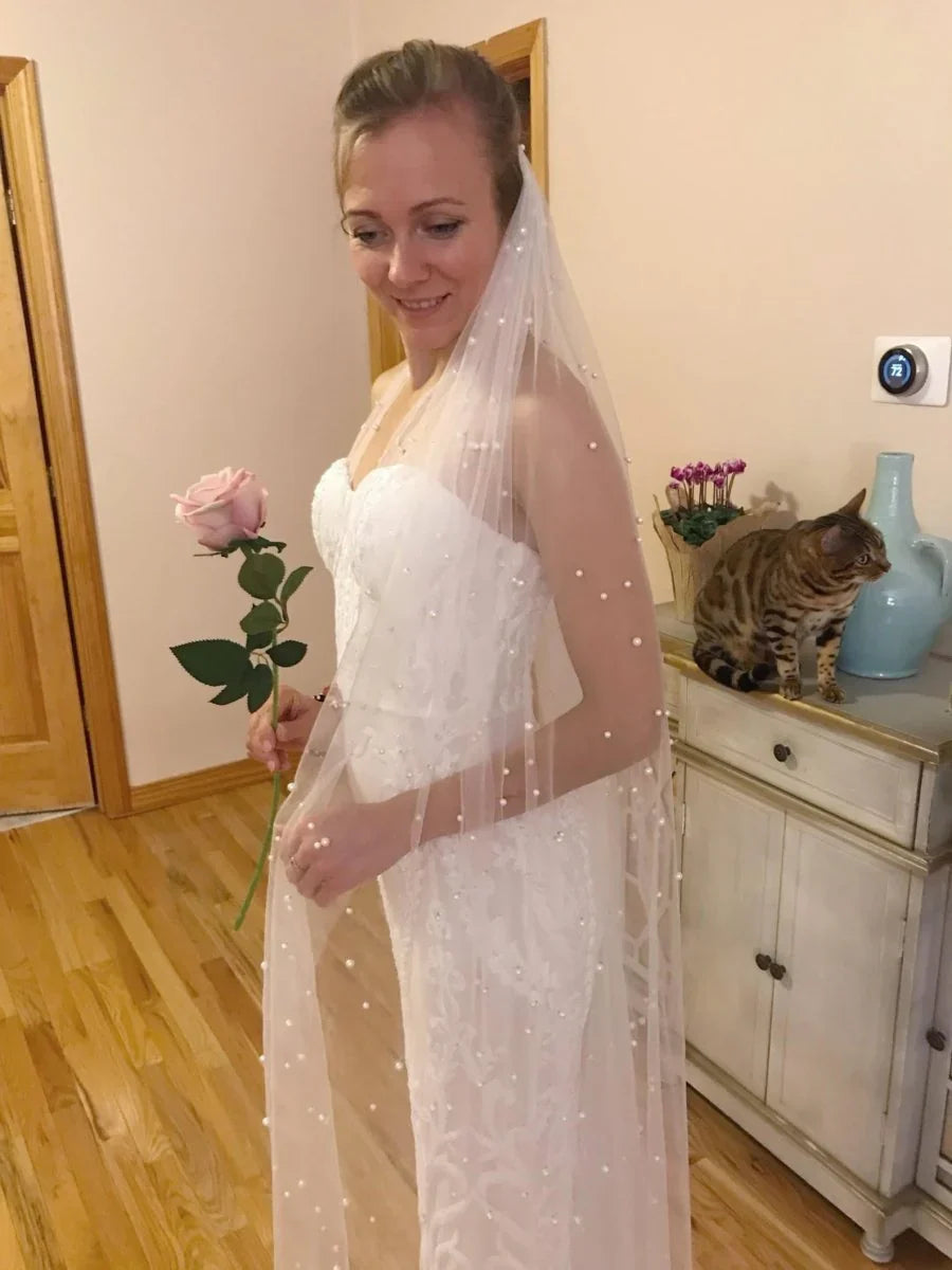 Vintage Lace Tulle Pearl Bridal Veil Wedding Veil
