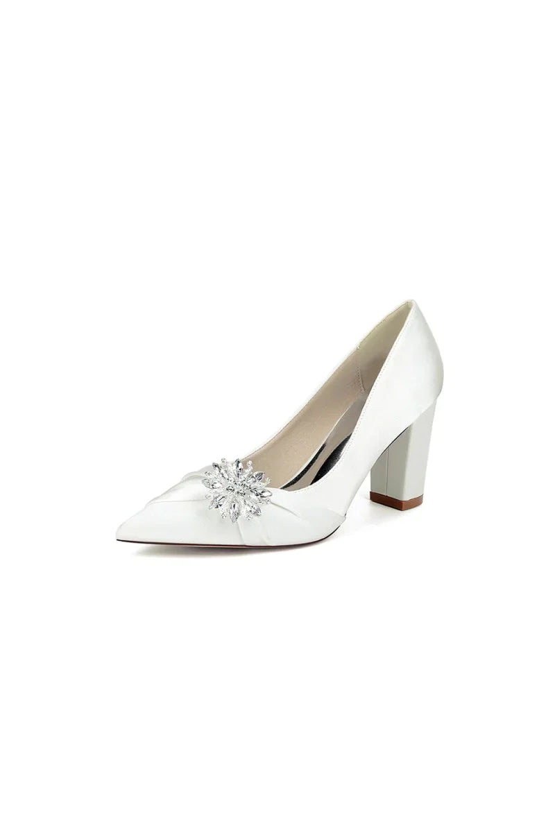 Black Satin High Heels with a Crystal Flower Accent
