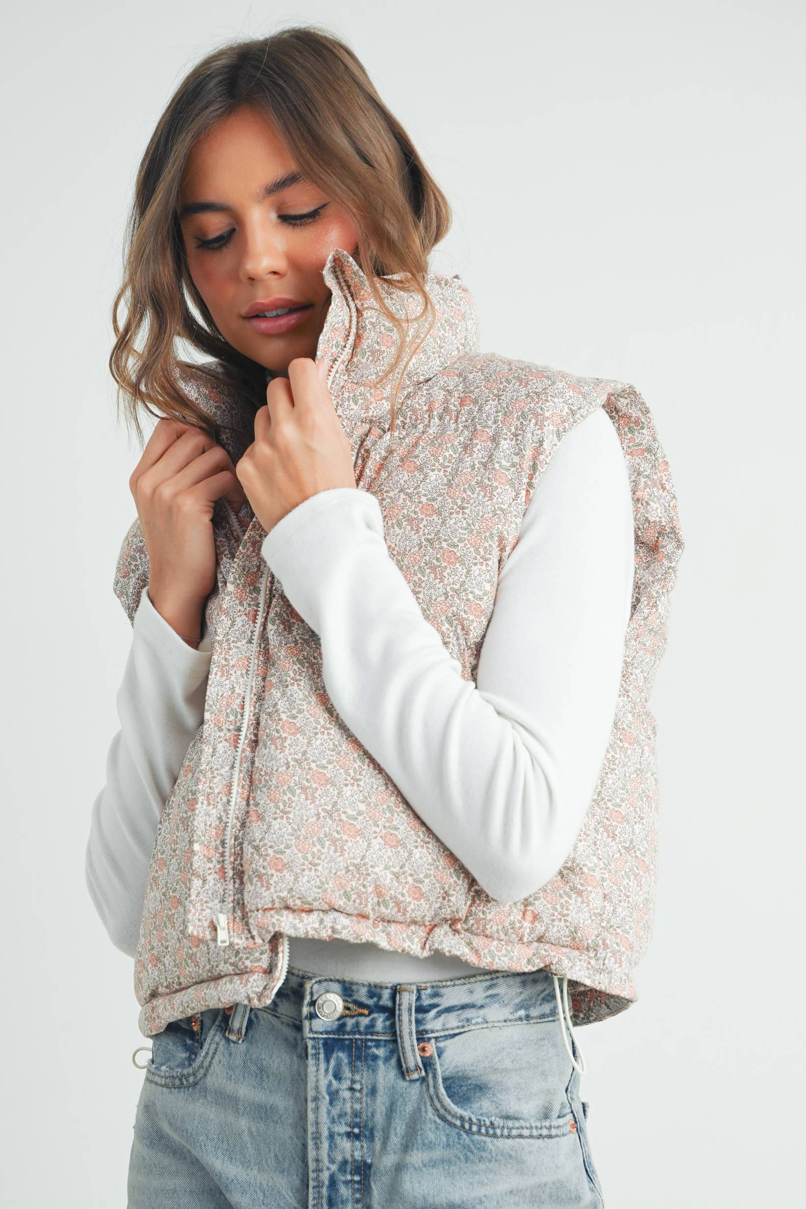 High Neck Floral Puffer Vest