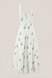 White Warm Rose Print Cotton Ruffled Midi Dress