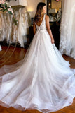 Ivory A Line Deep V Neck Backless Long Wedding Dress with Lace