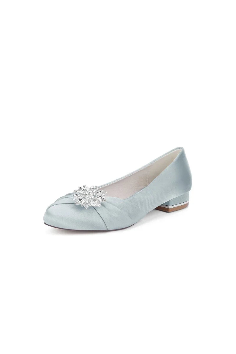 Navy Blue Flat Shoes with Crystal Flower Decoration