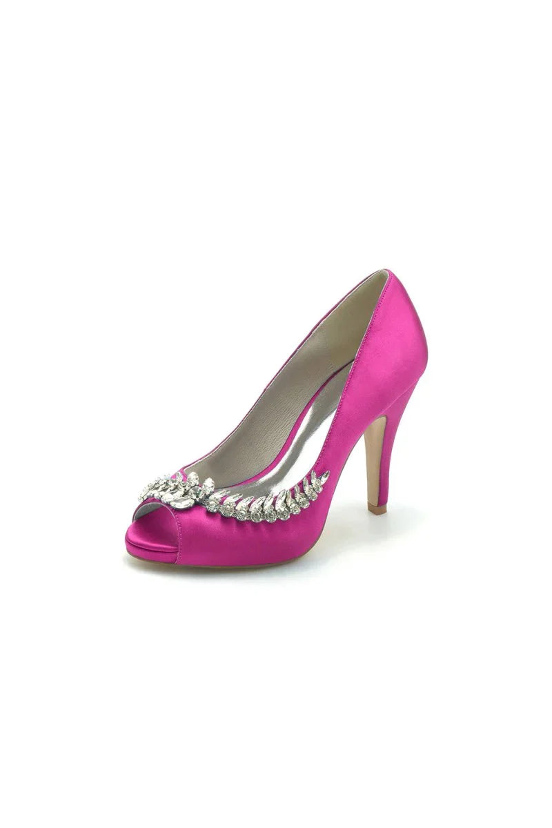 Satin Peep Toe Slip on Rhinestone High Heels
