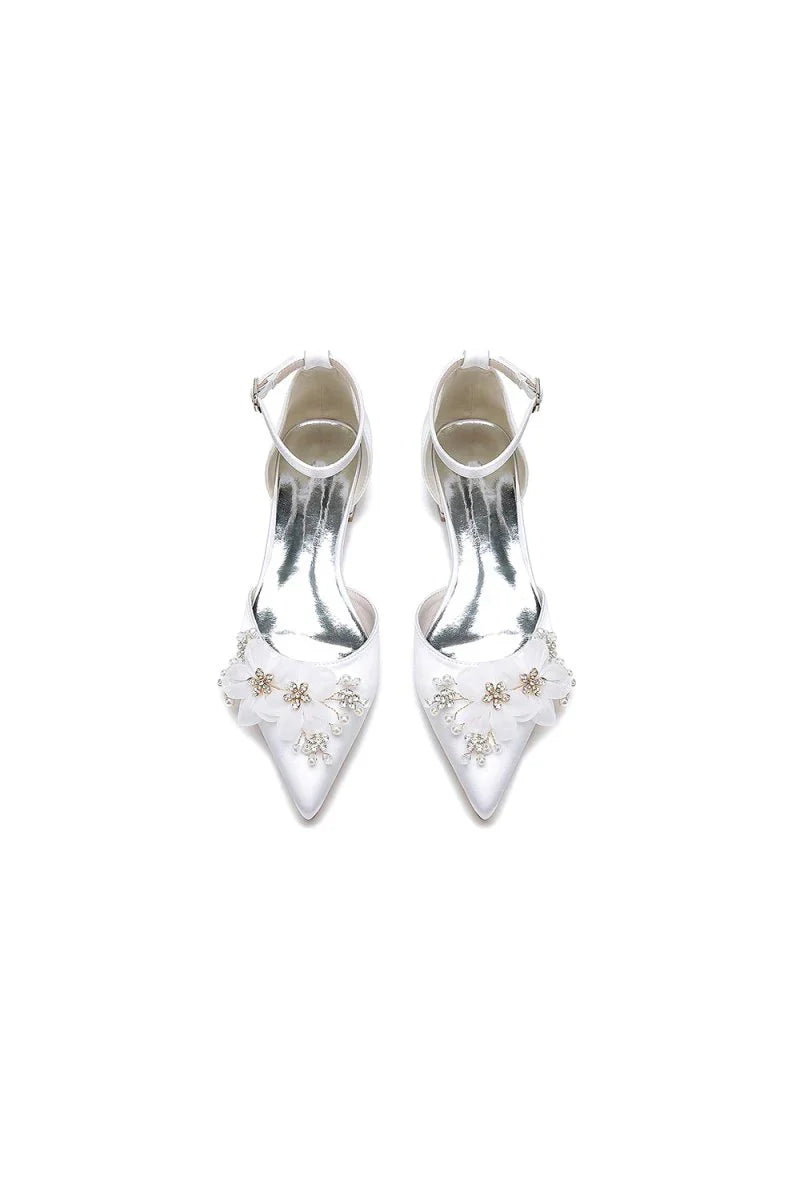 Ankle Strap Pointed Toe Low Heels with Rhinestone Flower