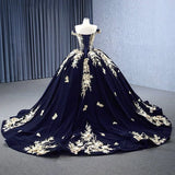 Navy Blue Velvet Quinceañera Dress With Train 3D Flower Appliques Ball Gown