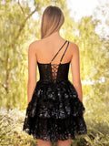 Emma Black A Line One Shoulder Navy Tiered Lace Short Homecoming Dress