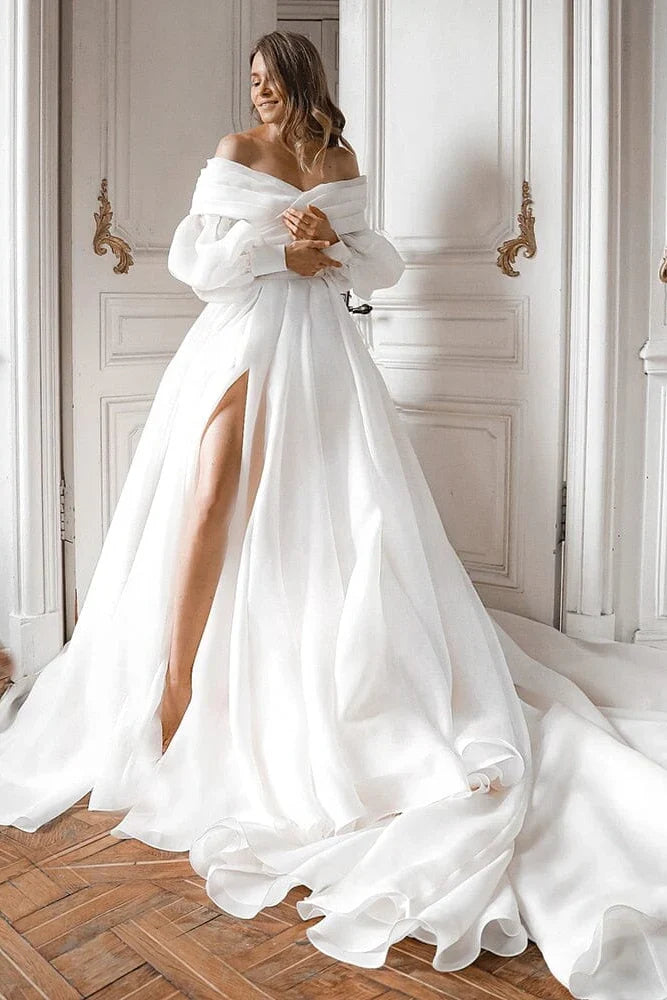 A Line Off the Shoulder White Wedding Dress with Slit