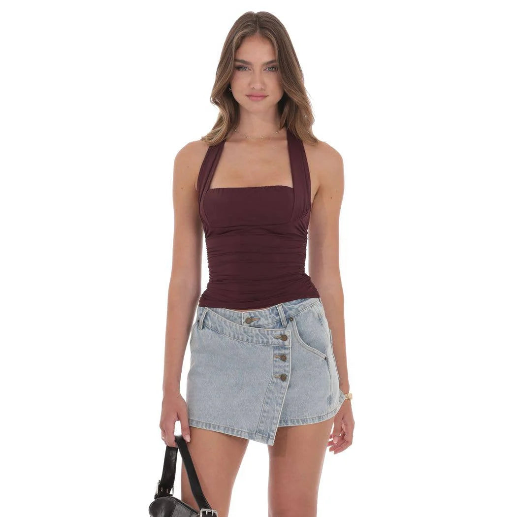 Lucy in the Sky Halter Ruched Top in Burgundy