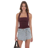 Lucy in the Sky Halter Ruched Top in Burgundy