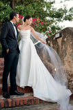 White Strapless Satin A Line Wedding Dresses