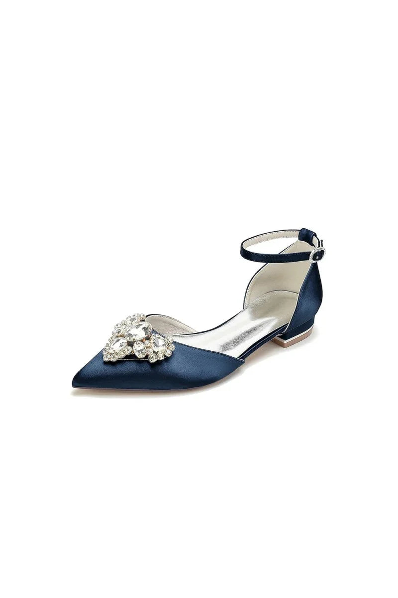 Satin Pointed Toe Ankle Strap Rhinestone Kitten Heels