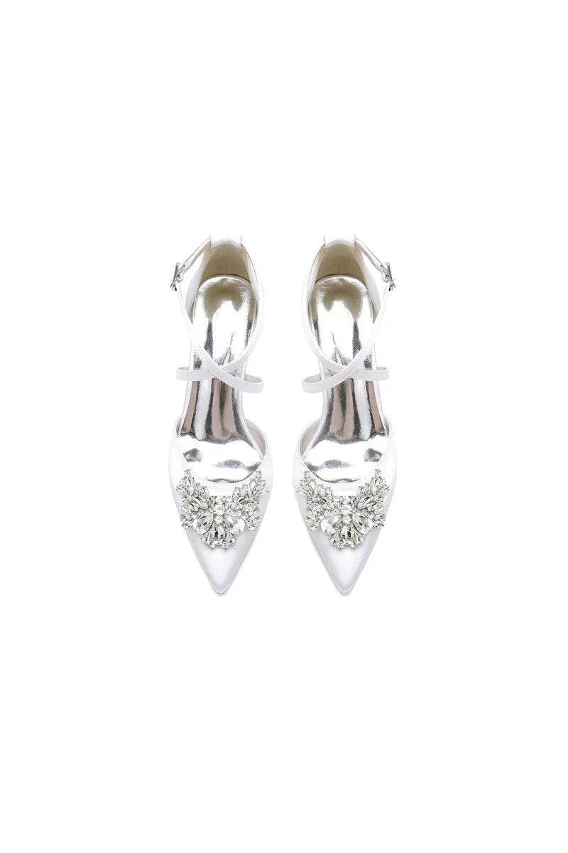 White Cross Strap Pump with Crystal Flower Accent