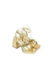 Gold Peep Toe Ankle Strap Chunky Heel Prom Shoes