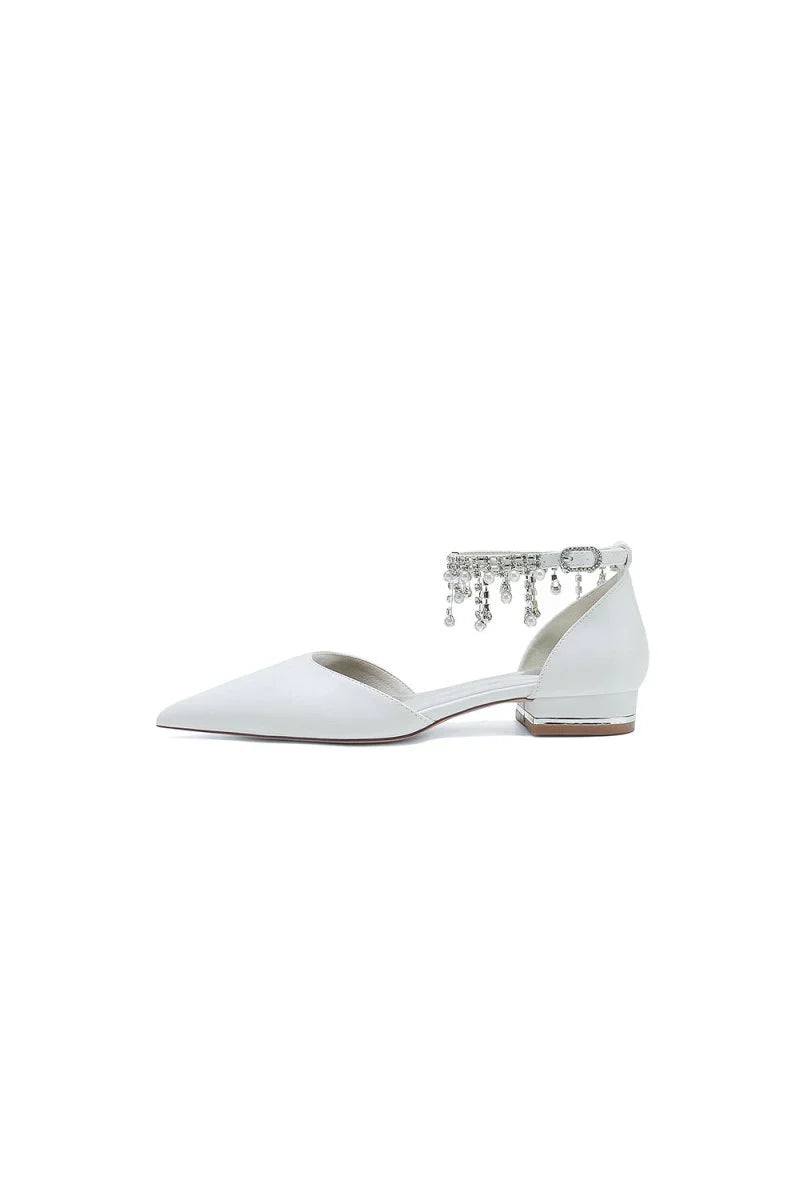 White Pearl Beaded Ankle Strap Pointed Toe Low Heels
