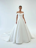 Elegant A Line Off the Shoulder White Satin Wedding Dresses