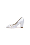 Pointed Toe White Rhinestone Chunky Heels with Flower