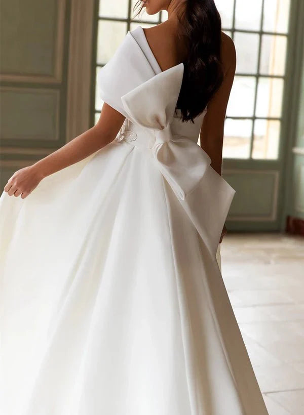 A Line One Shoulder Organza Sweep Train Wedding Dress With Appliques Lace
