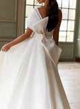A Line One Shoulder Organza Sweep Train Wedding Dress With Appliques Lace
