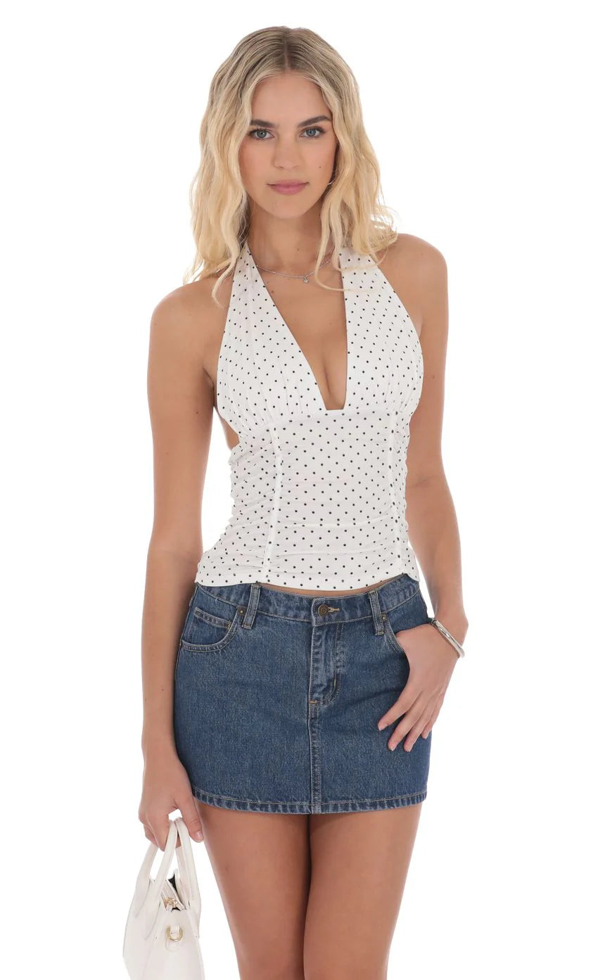Lucy in the Sky Polka Dot Ruched Halter Top in White