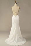 Simple Spaghetti Straps Long Soft Satin Ivory Mermaid Beach Wedding Dresses
