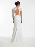 Modest Simple Sheath Short Sleeve Empire Floor Length Sweep Train Chiffon V neck Wedding Dress