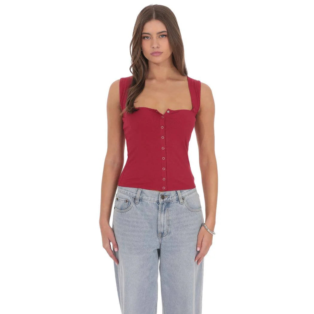 Lucy in the Sky Ribbed Square Neck Top in Red