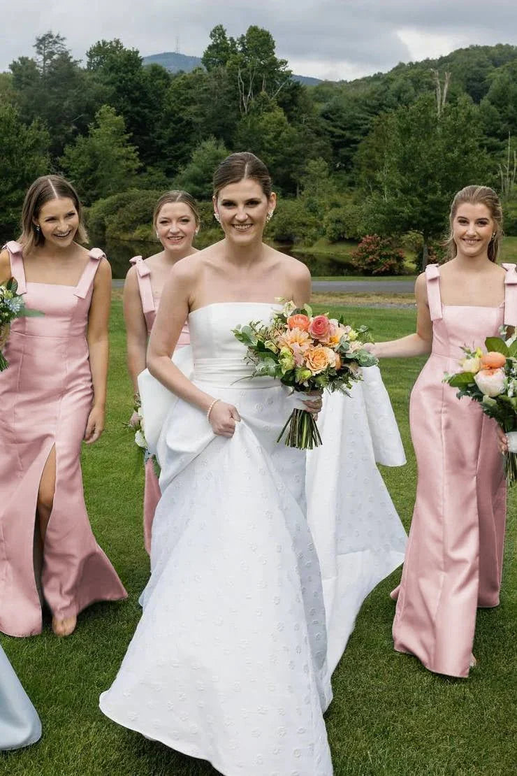 Mermaid Straps Bows Pleats Satin Sleeveless Long Bridesmaid Dress with Slit