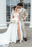 Elegant A Line Strapless White Satin Wedding Dresses With Slit
