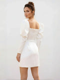 White Satin Short Wedding Dress with Puff Sleeves