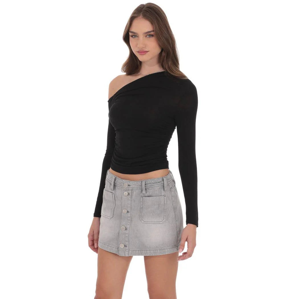 Buttoned Denim Skirt in Washed Grey