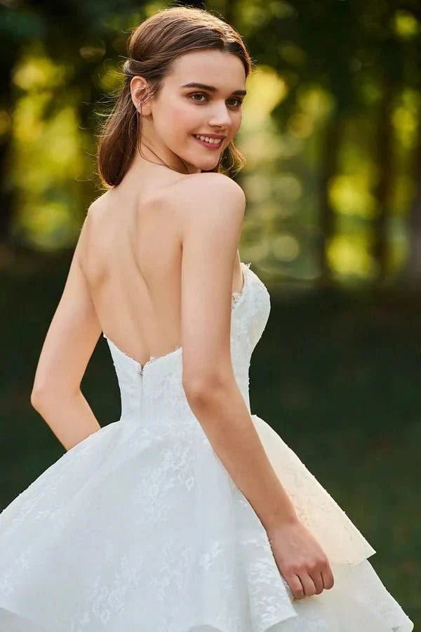 Lace Open Back Sweetheart Cascading Ruffles Sleeveless Bridal Ball Gown