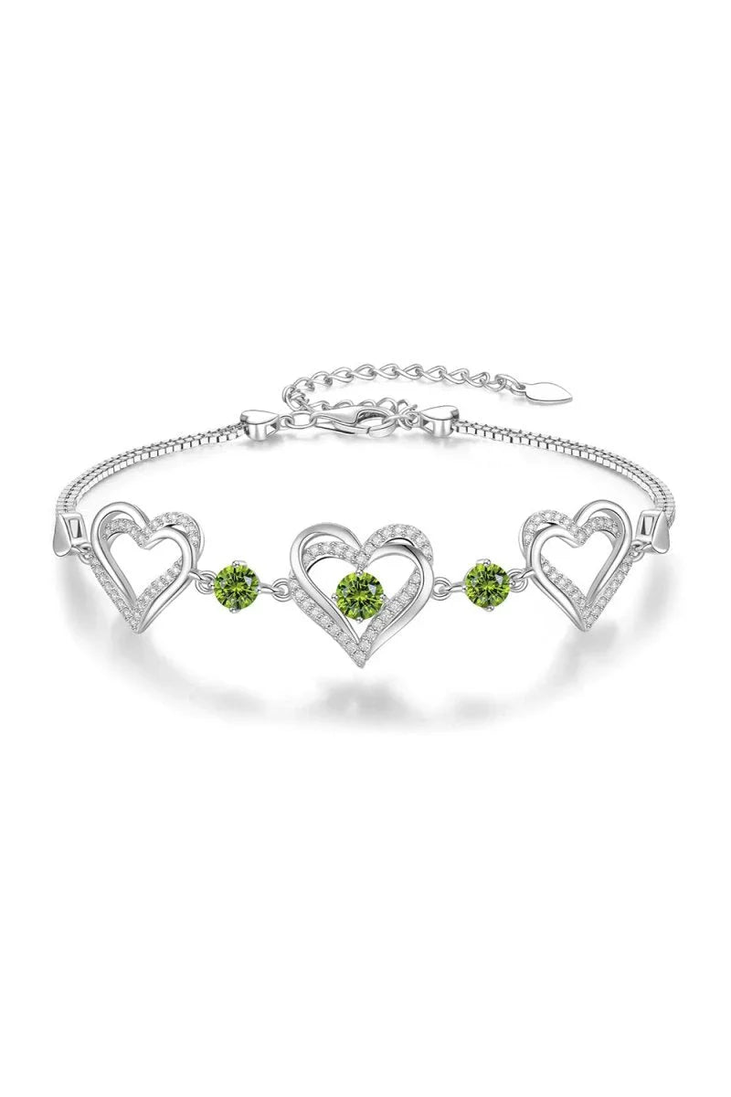 Silver Love Heart Link Birthstone Bracelets