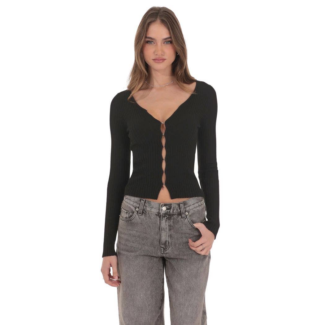 Lucy in the Sky Ribbed Hook and Eye Cardigan in Black