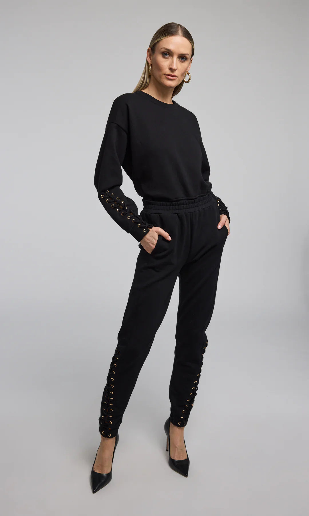 The Caprice Lace Up Black Sweatpants