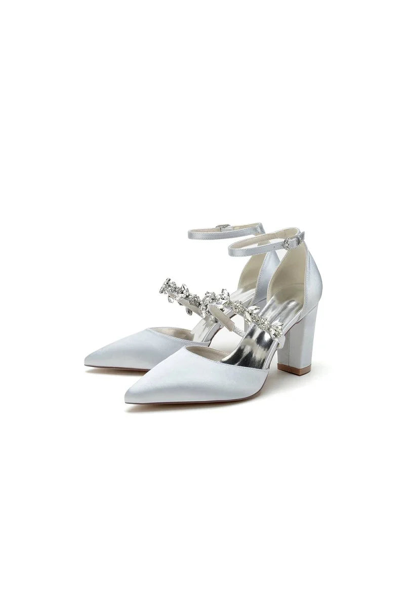 Satin Pointed Toe Rhinestone Strappy Chunky Heels