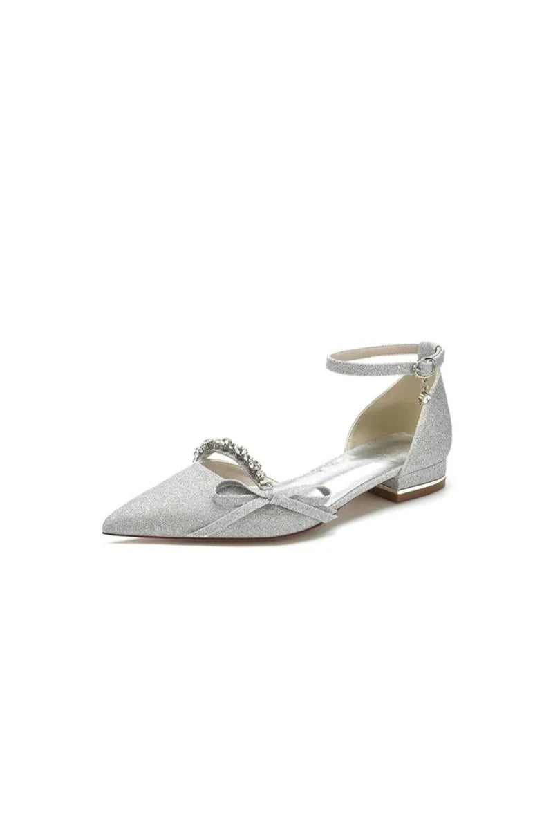 Glitter Pointed Toe Low Heels Wedding Shoes with Bow