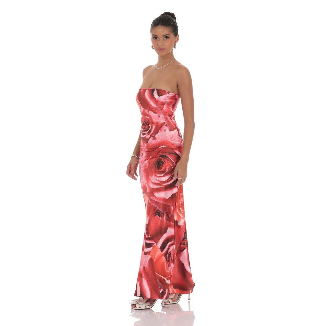 Lucy in the Sky Rose Strapless Maxi Dress in Red