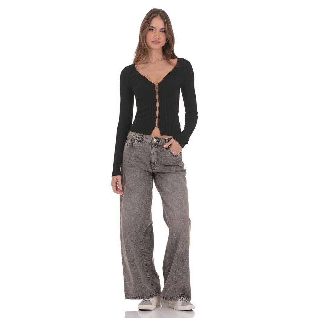 Lucy in the Sky Ribbed Hook and Eye Cardigan in Black